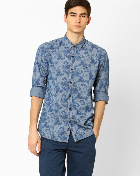 Buy Blue WRANGLER Camouflage Print Slim Fit Denim Shirt | AJIO